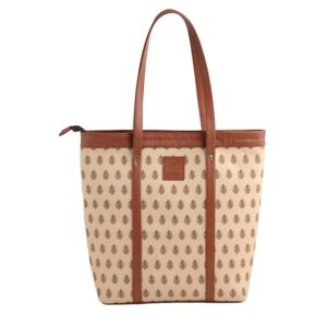 kaloom women’s tote bag with zip closure | cotton canvas & vegan leather shoulder bag | spacious printed handbag with outer pocket for office, travel & daily use