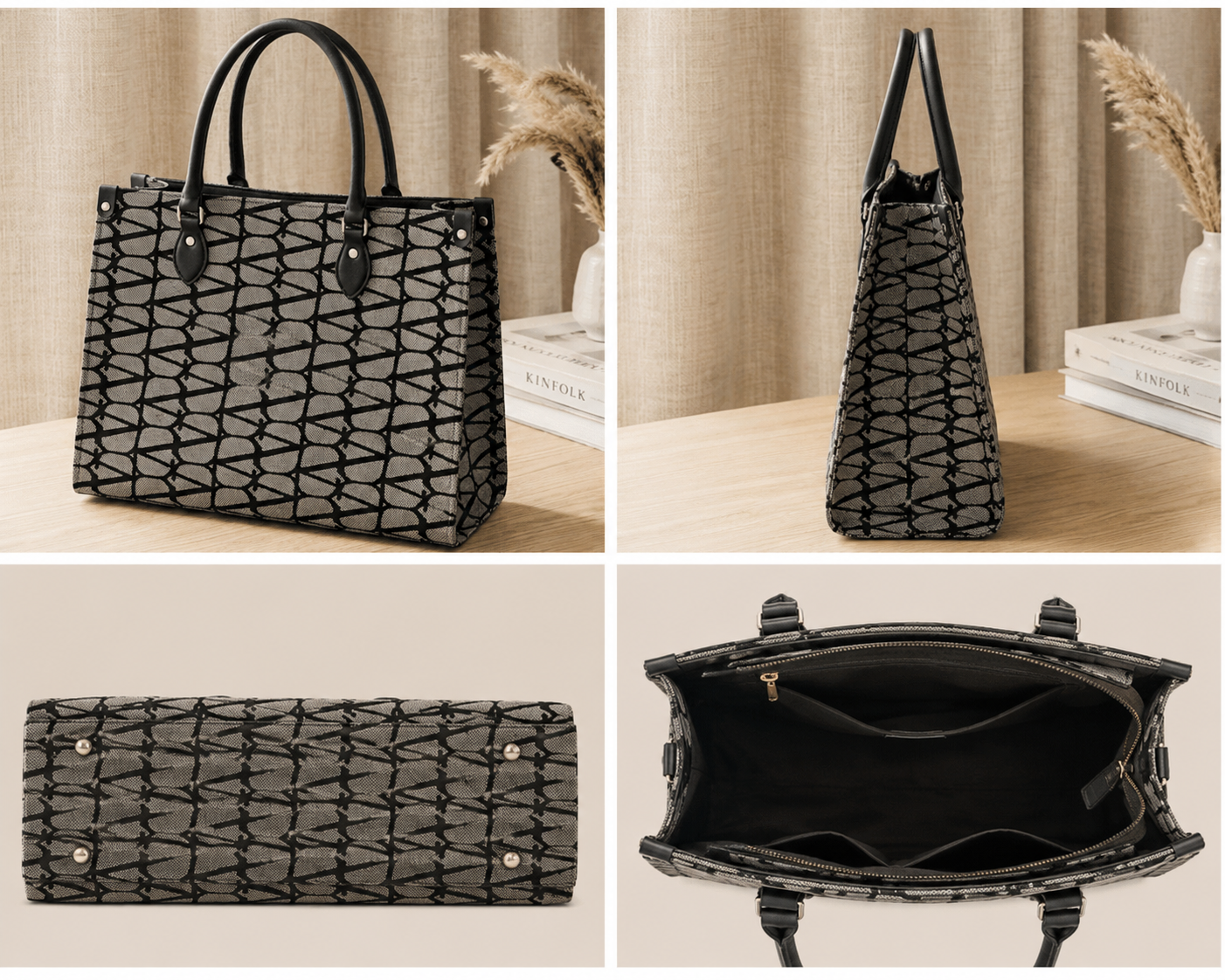 women's premium geometric print tote handbag | spacious office & daily use shoulder bag | grey & black women's premium geometric print tote handbag | spacious office & daily use shoulder bag | grey & black