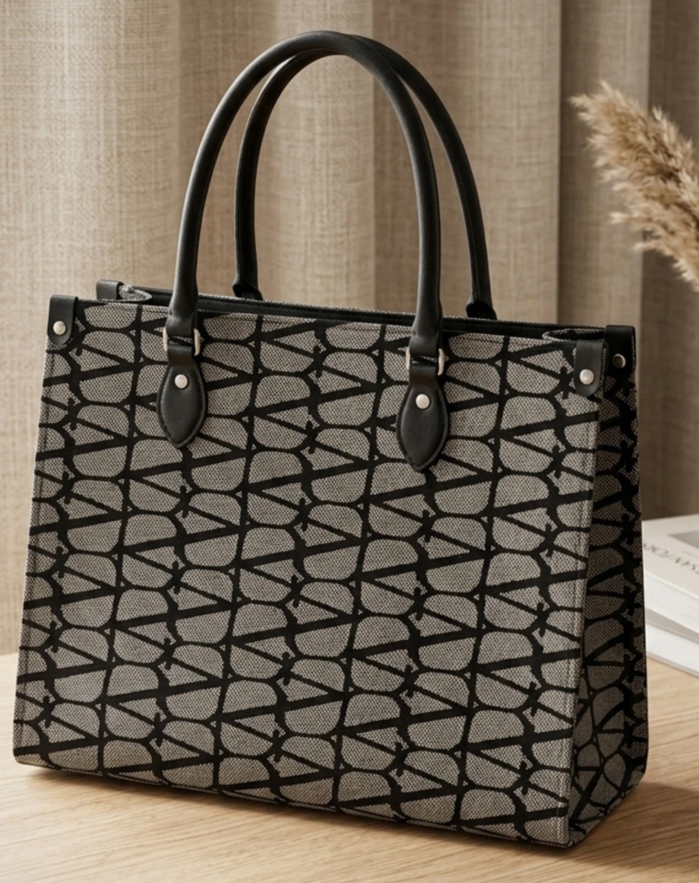 women's premium geometric print tote handbag | spacious office & daily use shoulder bag | grey & black women's premium geometric print tote handbag | spacious office & daily use shoulder bag | grey & black